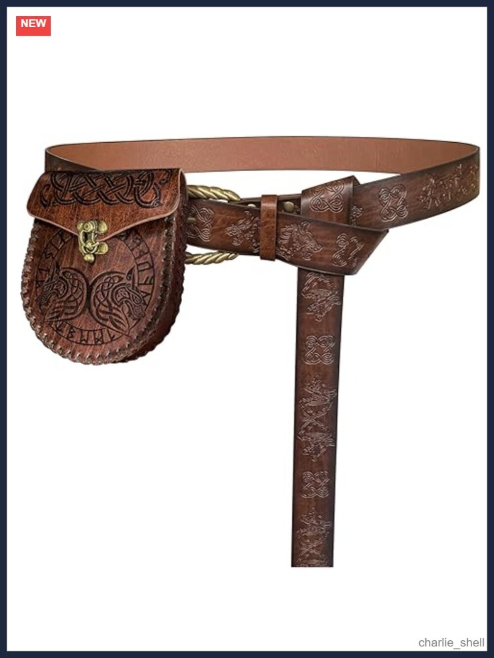 Medieval Embossed Faux Leather Belt & Nordic Pouch Set for LARP
